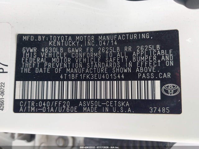 45632332 :رقم المزاد ، 4T1BF1FK3EU401544 vin ، 2014 Toyota Camry Se مزاد بيع