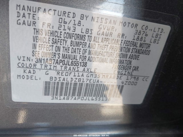 3N1AB7AP0JL655138 Nissan SENTRA SV