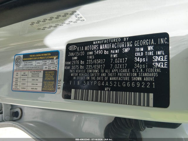 5XYPG4A52LG669221 KIA Sorento 3.3l Lx