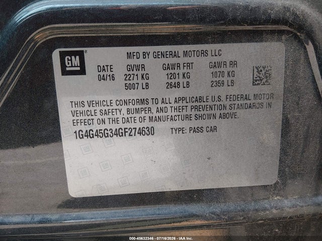 45632346 :رقم المزاد ، 1G4G45G34GF274630 vin ، 2016 Buick Lacrosse Sport Touring مزاد بيع