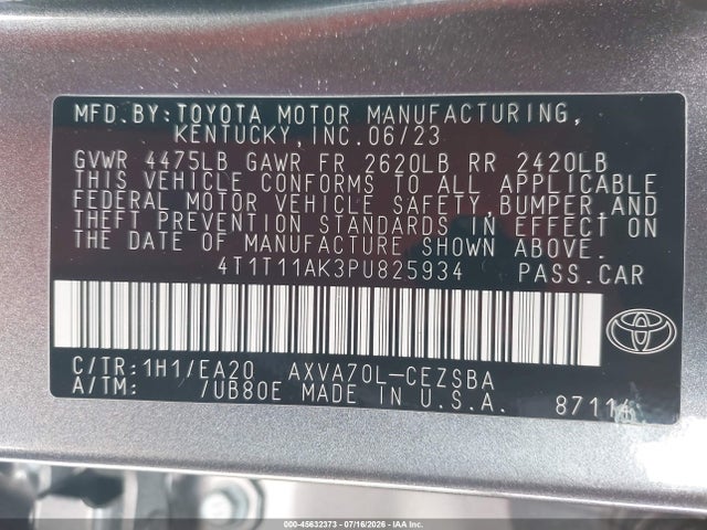 2023 Toyota Camry Se მანქანა იყიდება აუქციონზე, vin: 4T1T11AK3PU825934, აუქციონის ნომერი: 45632373