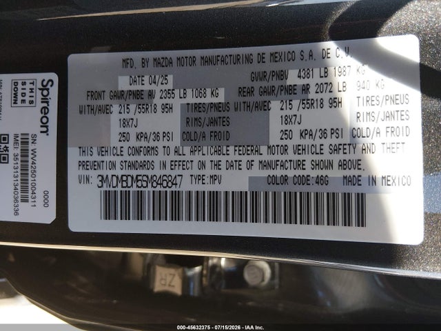 Продажа на аукционе авто 2025 Mazda Cx-30 2.5 S Premium Package, vin: 3MVDMBDM5SM846847, номер лота: 45632375