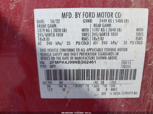2022 Ford Edge Sel მანქანა იყიდება აუქციონზე, vin: 2FMPK4J99NBB02461, აუქციონის ნომერი: 45632386