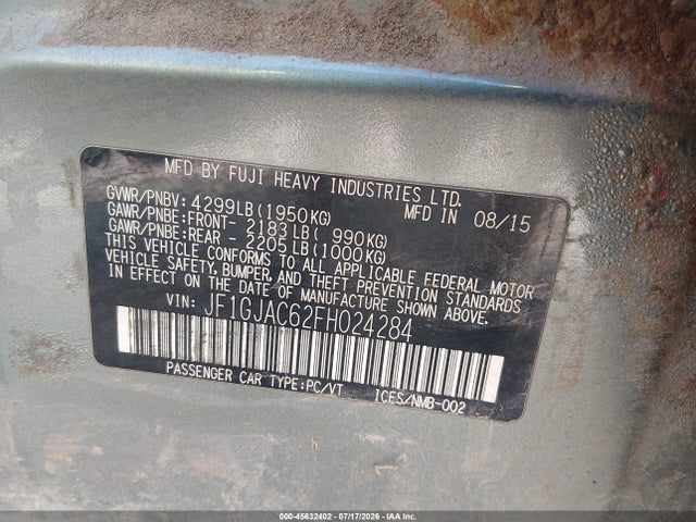 2015 Subaru Impreza 2.0i Premium მანქანა იყიდება აუქციონზე, vin: JF1GJAC62FH024284, აუქციონის ნომერი: 45632402