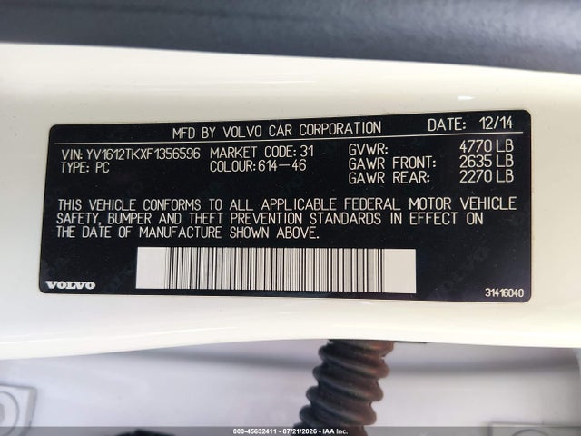 Aukcja sprzedaży 2015 Volvo S60 T5 Premier, vin: YV1612TKXF1356596, numer aukcji: 45632411