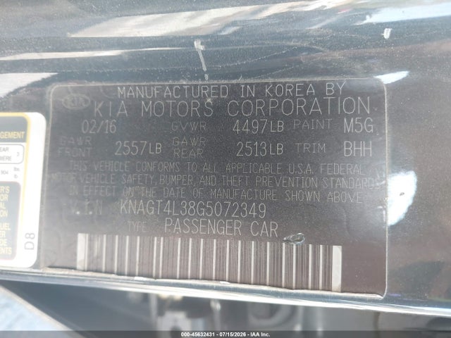KIA Optima Lx 2016 KNAGT4L38G5072349 Image 9