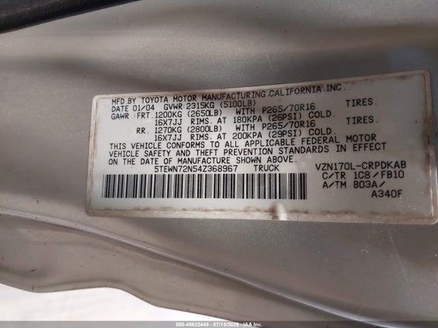 Продаж на аукціоні авто 2004 Toyota Tacoma Base V6, vin: 5TEWN72N54Z368967, номер лоту: 45632449
