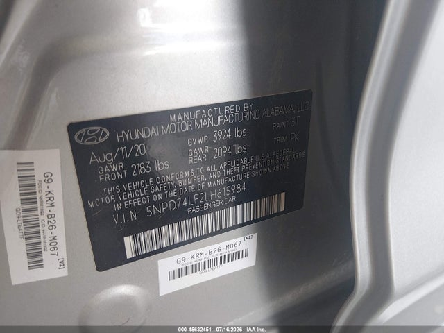 2020 Hyundai Elantra Se მანქანა იყიდება აუქციონზე, vin: 5NPD74LF2LH615984, აუქციონის ნომერი: 45632451