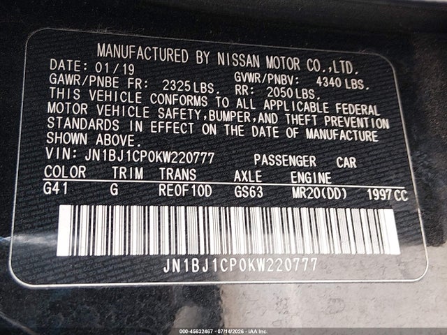 Aukcja sprzedaży 2019 Nissan Rogue Sport S, vin: JN1BJ1CP0KW220777, numer aukcji: 45632467