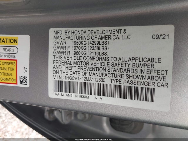 Продажа на аукционе авто 2021 Honda Accord Lx, vin: 1HGCV1F12MA112580, номер лота: 45632476