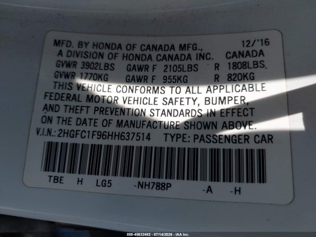Honda Civic Touring 2017 2HGFC1F96HH637514 Image 9