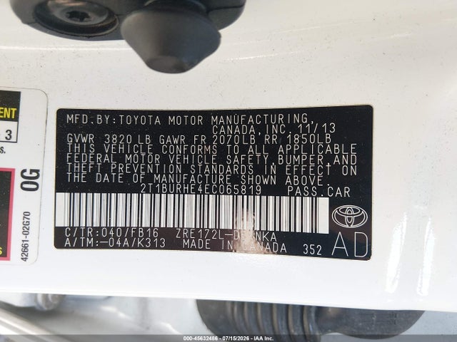 45632486 :رقم المزاد ، 2T1BURHE4EC065819 vin ، 2014 Toyota Corolla Le مزاد بيع