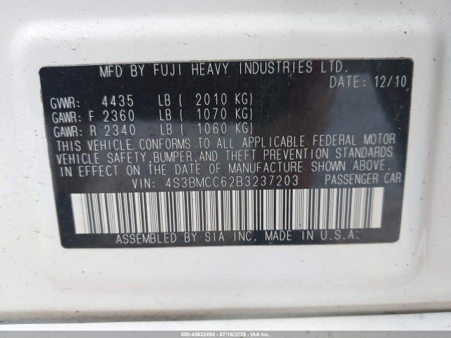 2011 Subaru Legacy 2.5i Premium მანქანა იყიდება აუქციონზე, vin: 4S3BMCC62B3237203, აუქციონის ნომერი: 45632494