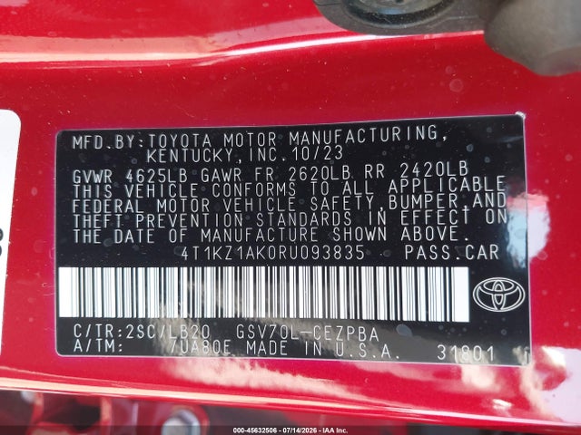 4T1KZ1AK0RU093835 Toyota Camry Xse V6