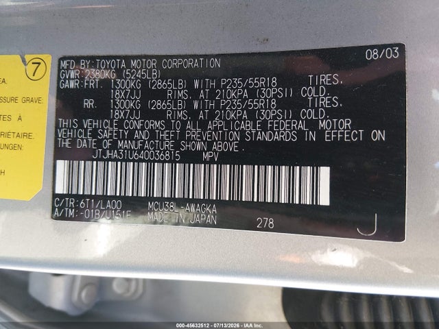 Aukcja sprzedaży 2004 Lexus Rx 330, vin: JTJHA31U640036815, numer aukcji: 45632512