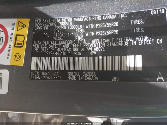 Aukcja sprzedaży 2019 Lexus Rx 350, vin: 2T2ZZMCA4KC150836, numer aukcji: 45632538
