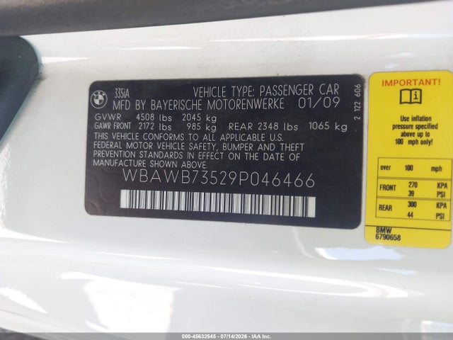 45632545 :رقم المزاد ، WBAWB73529P046466 vin ، 2009 Bmw 335i مزاد بيع