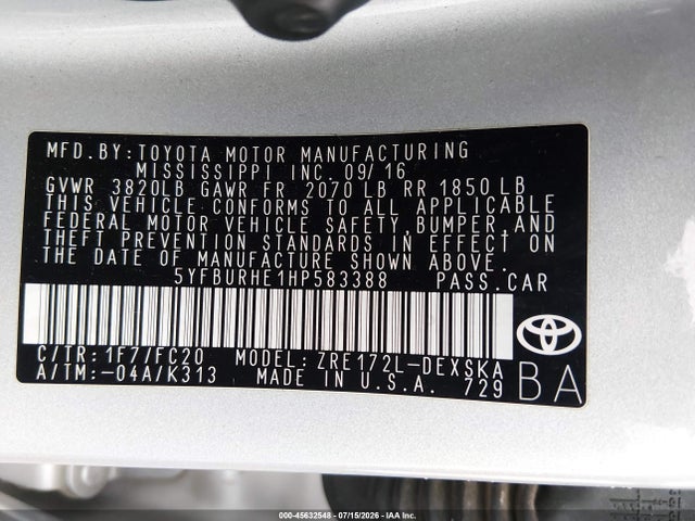 Продажа на аукционе авто 2017 Toyota Corolla Se, vin: 5YFBURHE1HP583388, номер лота: 45632548