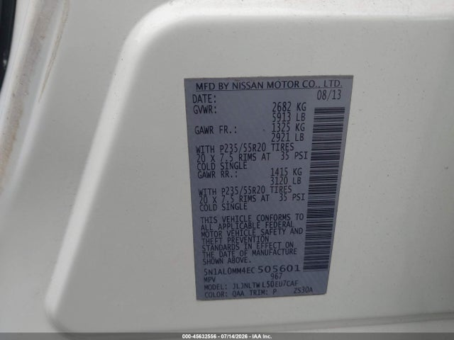2014 Infiniti Qx60 მანქანა იყიდება აუქციონზე, vin: 5N1AL0MM4EC505601, აუქციონის ნომერი: 45632556