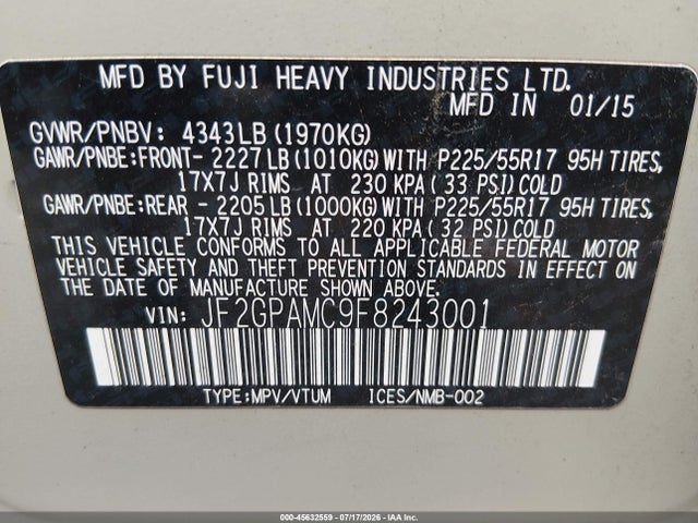 Продаж на аукціоні авто 2015 Subaru Xv Crosstrek 2.0i Limited, vin: JF2GPAMC9F8243001, номер лоту: 45632559