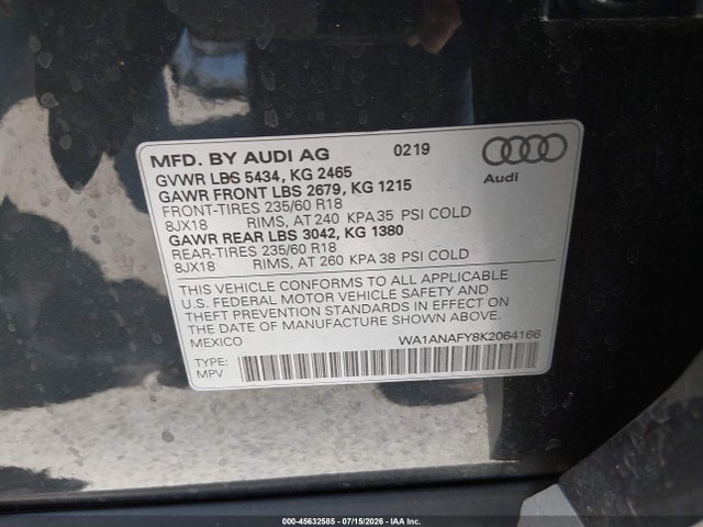 Продажа на аукционе авто 2019 Audi Q5 45 Premium, vin: WA1ANAFY8K2064166, номер лота: 45632585