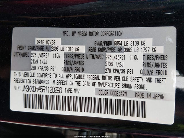 45632587 :رقم المزاد ، JM3KKDHA5R1120298 vin ، 2024 Mazda Cx-90 Phev Premium مزاد بيع