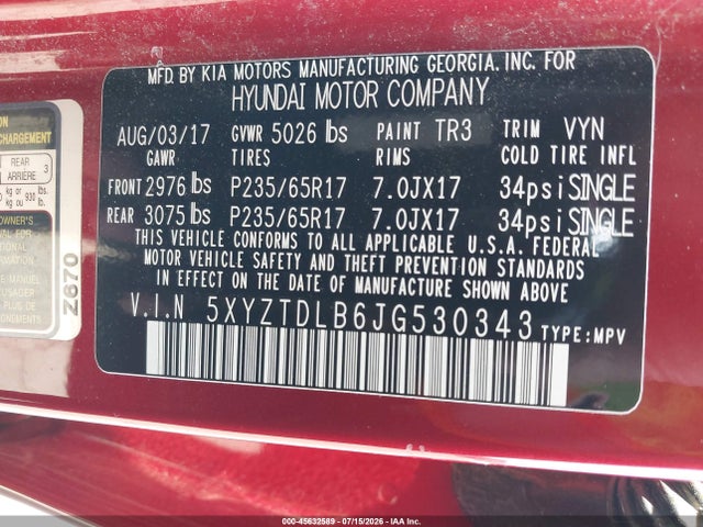 45632589 :رقم المزاد ، 5XYZTDLB6JG530343 vin ، 2018 Hyundai Santa Fe Sport 2.4l مزاد بيع