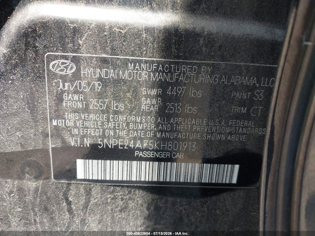 Aukcja sprzedaży 2019 Hyundai Sonata Se, vin: 5NPE24AF5KH801913, numer aukcji: 45632604