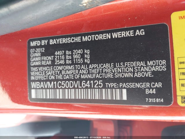 2013 Bmw X1 Sdrive28i მანქანა იყიდება აუქციონზე, vin: WBAVM1C50DVL64125, აუქციონის ნომერი: 45632613
