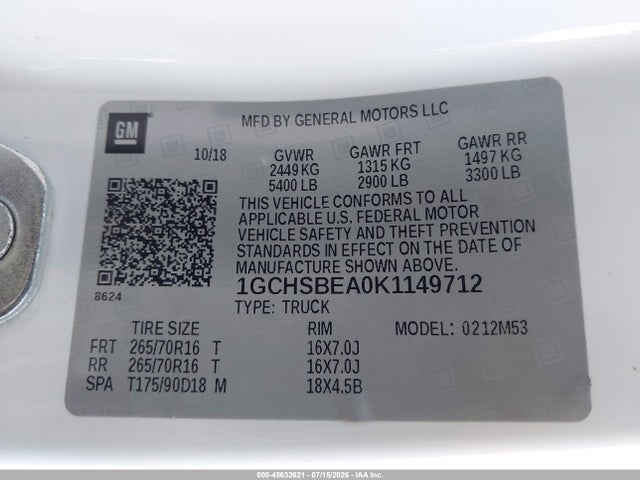 Chevrolet Colorado Wt 2019 1GCHSBEA0K1149712 Image 9