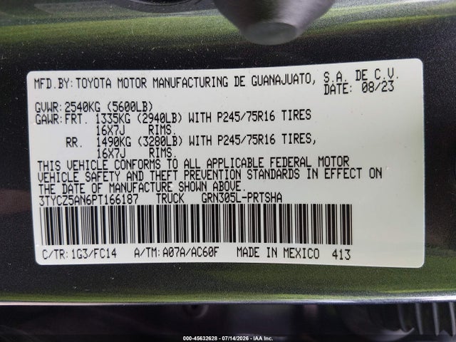 Продаж на аукціоні авто 2023 Toyota Tacoma Sr5 V6, vin: 3TYCZ5AN6PT166187, номер лоту: 45632628
