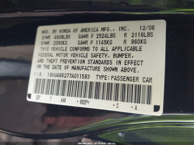 45632633 :رقم المزاد ، 19UUA66277A011593 vin ، 2007 Acura Tl 3.2 مزاد بيع