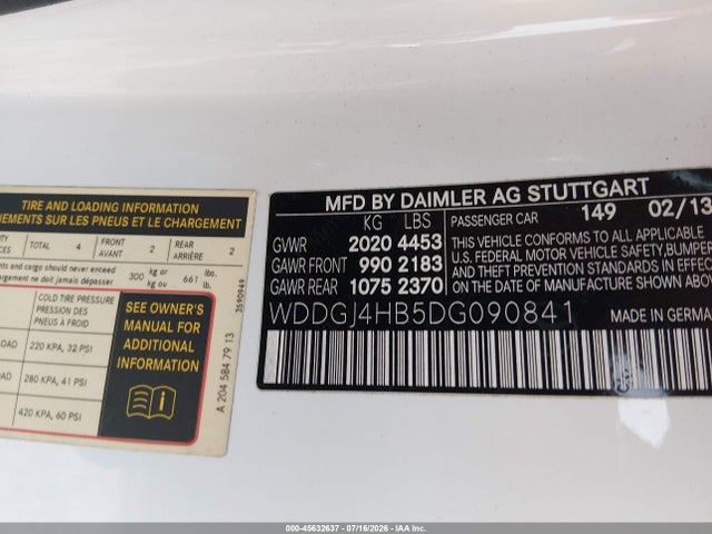 45632637 :رقم المزاد ، WDDGJ4HB5DG090841 vin ، 2013 Mercedes-benz C 250 مزاد بيع