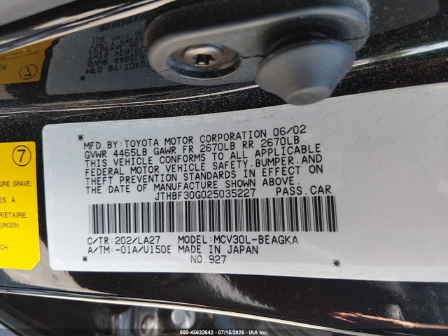 Aukcja sprzedaży 2002 Lexus Es 300, vin: JTHBF30G025035227, numer aukcji: 45632642