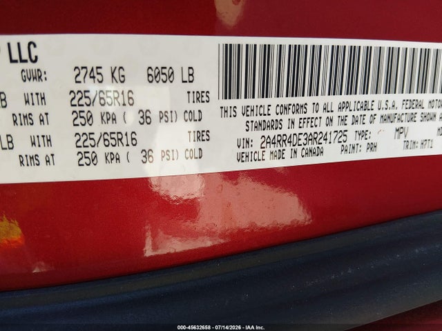 45632658 :رقم المزاد ، 2A4RR4DE3AR241725 vin ، 2010 Chrysler Town & Country Lx مزاد بيع
