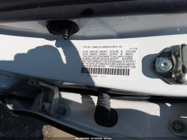 2019 Acura Tlx Standard მანქანა იყიდება აუქციონზე, vin: 19UUB1F39KA007921, აუქციონის ნომერი: 45632668