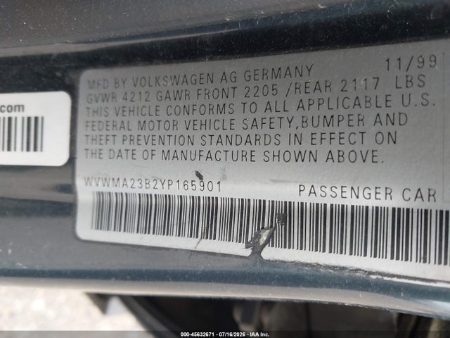 Продажа на аукционе авто 2000 Volkswagen Passat Gls, vin: WVWMA23B2YP165901, номер лота: 45632671