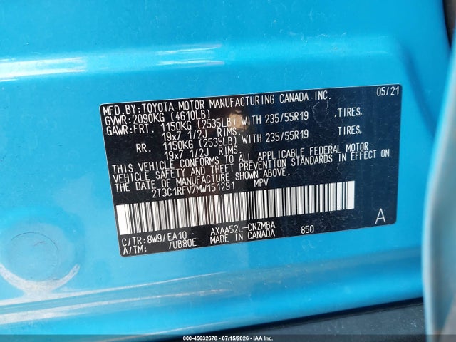 2021 Toyota Rav4 Xle Premium მანქანა იყიდება აუქციონზე, vin: 2T3C1RFV7MW151291, აუქციონის ნომერი: 45632678