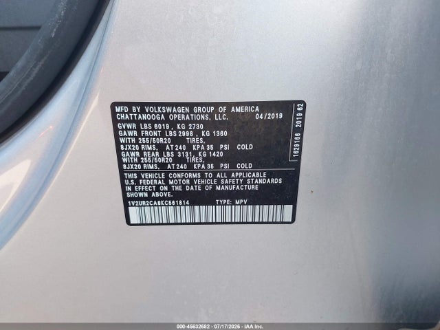 2019 Volkswagen Atlas 3.6l V6 Se W/technology მანქანა იყიდება აუქციონზე, vin: 1V2UR2CA8KC561814, აუქციონის ნომერი: 45632682