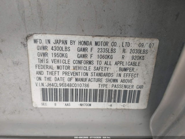 2008 Acura Tsx მანქანა იყიდება აუქციონზე, vin: JH4CL96848C010786, აუქციონის ნომერი: 45632688