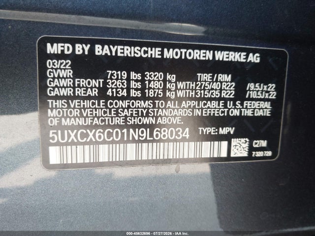 Продаж на аукціоні авто 2022 Bmw X7 M50i, vin: 5UXCX6C01N9L68034, номер лоту: 45632696