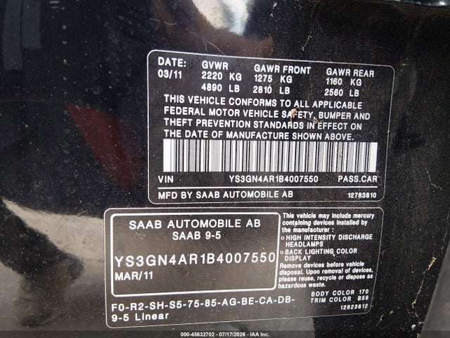 Aukcja sprzedaży 2011 Saab 9-5 Turbo4/turbo4 Premium, vin: YS3GN4AR1B4007550, numer aukcji: 45632702