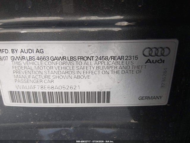 Aukcja sprzedaży 2008 Audi A4 2.0t, vin: WAUAF78E68A052621, numer aukcji: 45632717