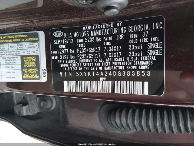 Auction sale of the 2013 Kia Sorento Lx V6, vin: 5XYKT4A24DG383853, lot number: 45632724