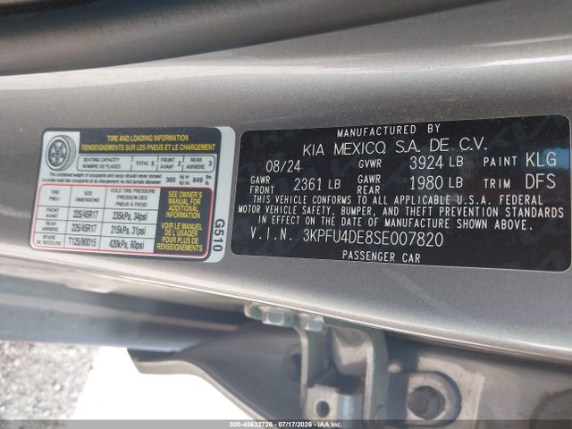 3KPFU4DE8SE007820 KIA K4 Ex