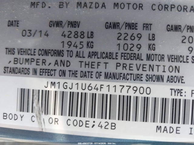 Продажа на аукционе авто 2015 Mazda Mazda6 I Sport, vin: JM1GJ1U64F1177900, номер лота: 45632729