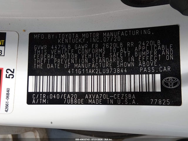 Toyota CAMRY SE 2020 4T1G11AK2LU973844 Image 9