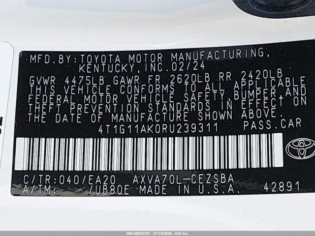 4T1G11AK0RU239311 Toyota CAMRY SE