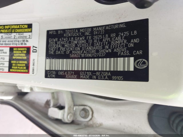 Aukcja sprzedaży 2022 Lexus Es 350, vin: 58ADZ1B1XNU127037, numer aukcji: 45632753