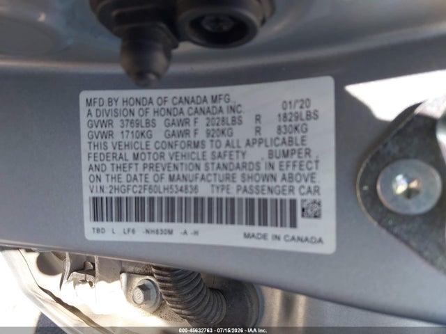 Honda Civic Lx 2020 2HGFC2F60LH534836 Image 9